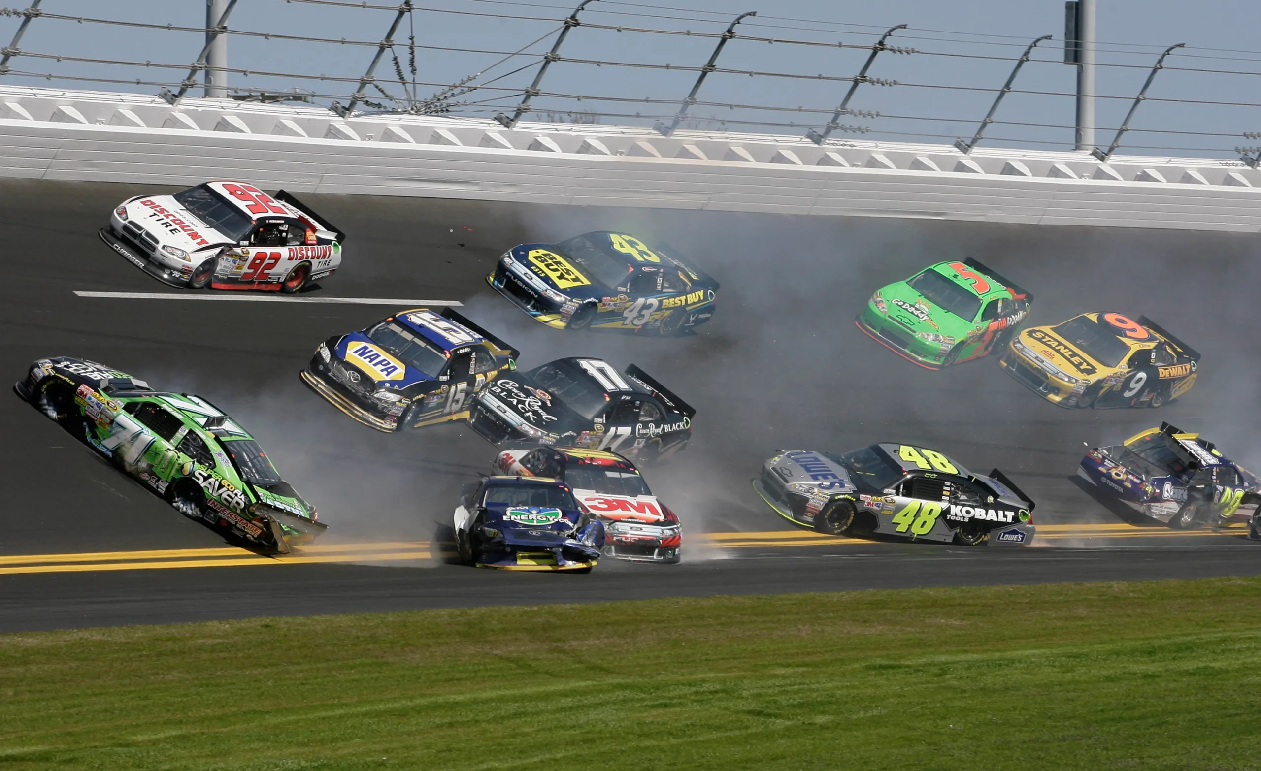 Multi-car crash on lap 29 of the 2011 Daytona 500, with the No. 71 and more than a dozen other cars caught up